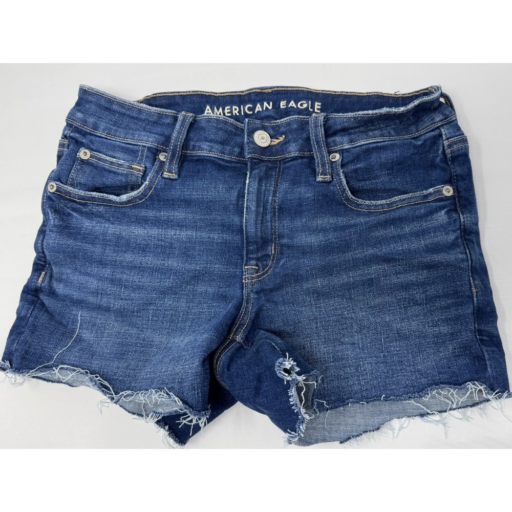 American Eagle Mid-Rise Cut Off‎ Next Level Stretch Jean Shorts Size 4 Raw Edge